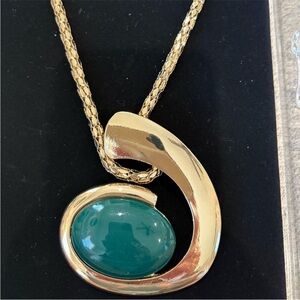 Gold Abstract Pendant Necklace with Green Cabochon Stone